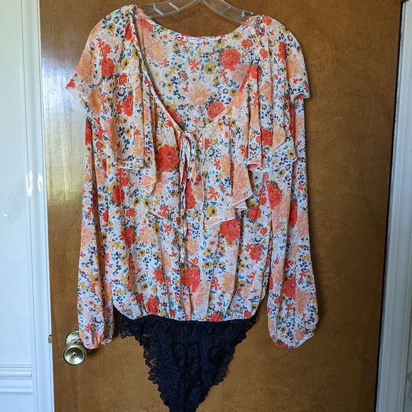 NWOT Free People Say It To Me Bodysuit Orange Floral Print Black Lace - Picture 1 of 9